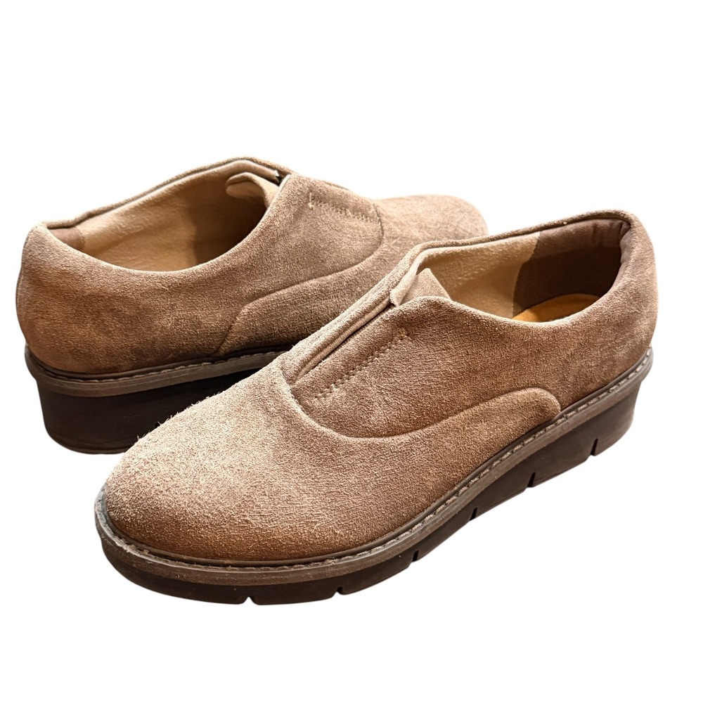 Clarks Shoes Airabell Sky 5.5 Taupe Suede Comfort Platform Slip On Loafers